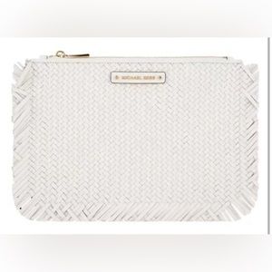 Michael Kors Jet Set Woven White Leather Large Zip Pouch Clutch Fringe Wristlet